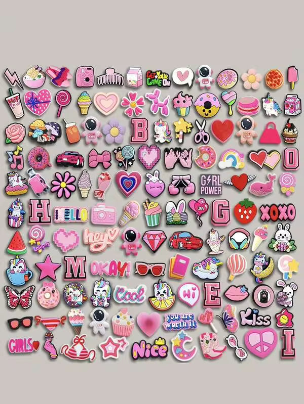 Multi-Size 16-23-33-53-61Pcs Pink Mixed Shoe Charms, Cute Whale Unicorn Butterfly Stationery Patterns, Stylish DIY Shoe Accessories For Young Women