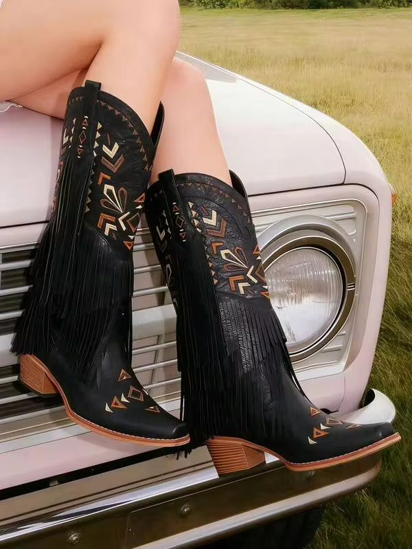 Brown Cowgirl Western Boots Fringe Tassel Chunky Block Heels For Women Mid Calf Slip On Retro Casual Fashion Halloween Women Ridding Shoes