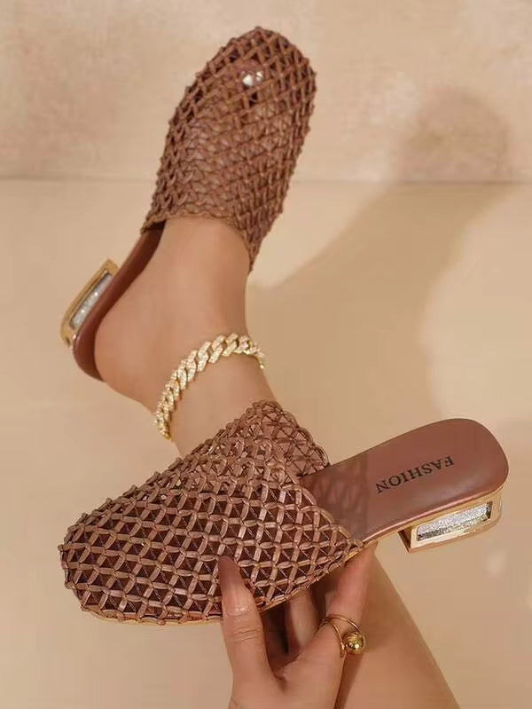 planare New Fashionable Women's Minimalist Slip-On Woven Fabric Chunky Heel Brown Sandals,Summer Shoes