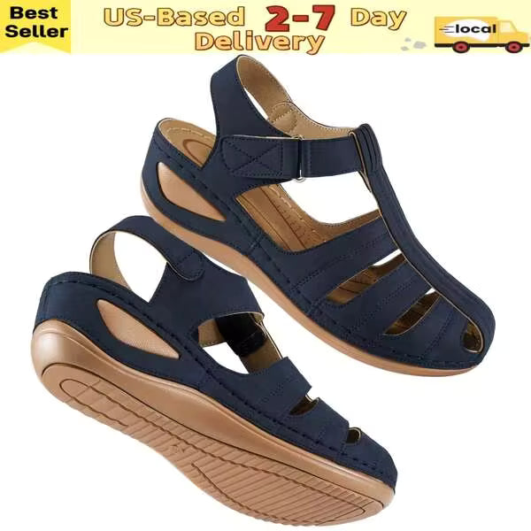 Women's Summer Platform Blue Sandals,Women's Closed Toe Comfort Sandals With Arch Support ,Breathable Non-Slip Flat Sandals With Hook-And-Loop