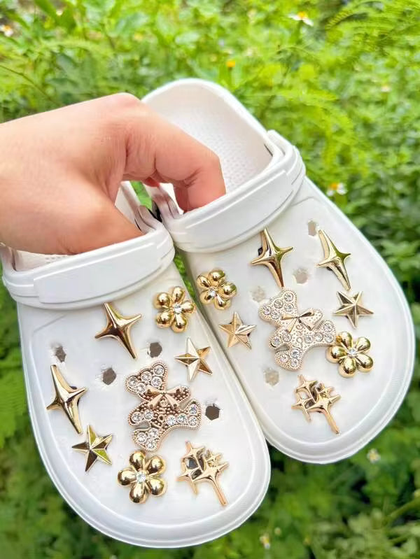 16pcs Gold Rhinestone Bear DIY Shoe Charms, Cross & Star Removable Shoe Flowers Accessories For Clogs With Holes